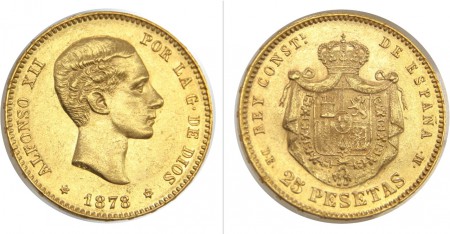 330 EUR 25 Pesetas 1878  18*78  Alfonso XII  ORO 900  8,06 gr